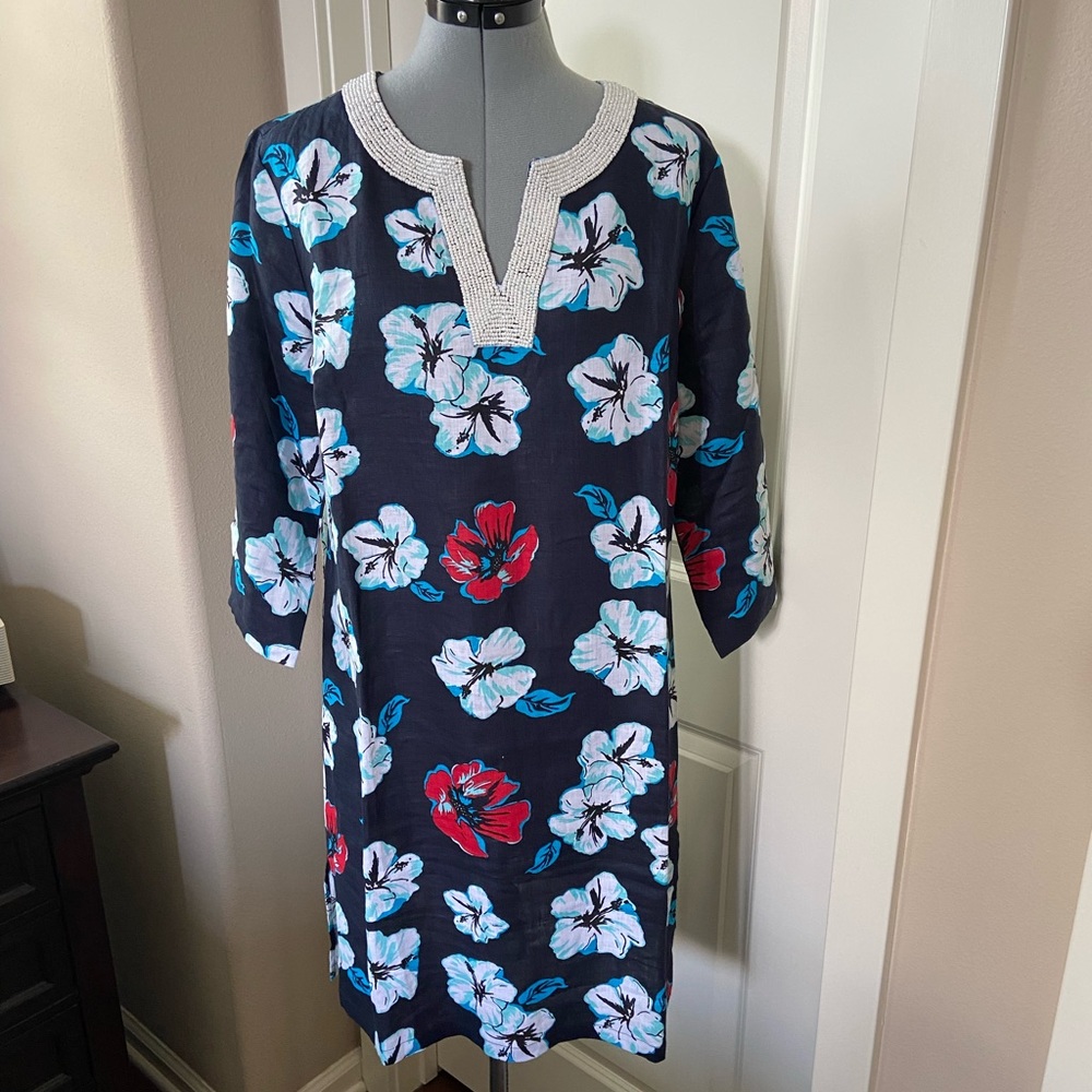 Talbots Floral Linen Cover-Up, Navy, Size M